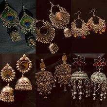Load image into Gallery viewer, SET OF 6 MUST-HAVE OXIDISED JHUMKAS WITH FREE 2 RINGS COMBO
